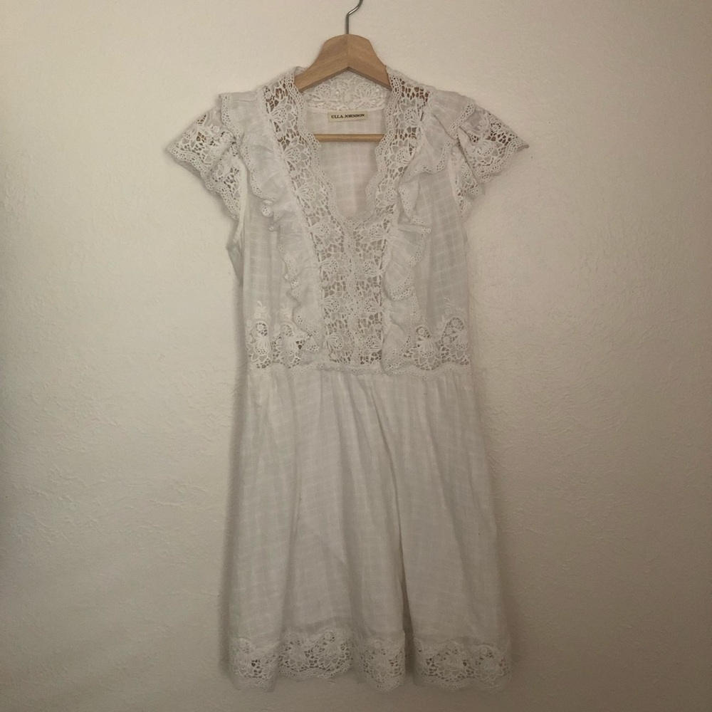 Ulla Johnson Short White Crochet Trimmed Dress
